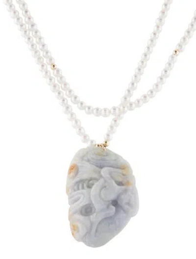 Pre-owned Necklace 14k Pearl & Jadeite Double Strand Bead Pendant , 17.75" In Multi