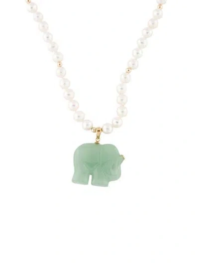 Pre-owned Necklace 14k Pearl & Jadeite Elephant Pendant , 18.5" In Multi
