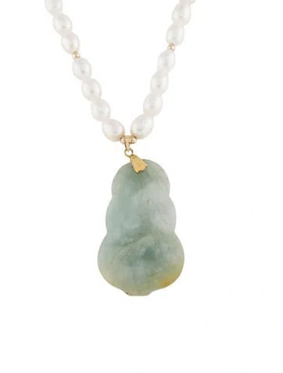 Pre-owned Necklace 14k Pearl & Jadeite Pendant , 19.5" In Multi