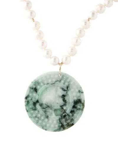 Pre-owned Necklace 14k Pearl & Jadeite Pendant , 20.25" In Multi