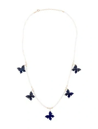 Pre-owned Necklace 14k Pearl & Lapis Lazuli Butterfly Bead Station , 19" In Multi