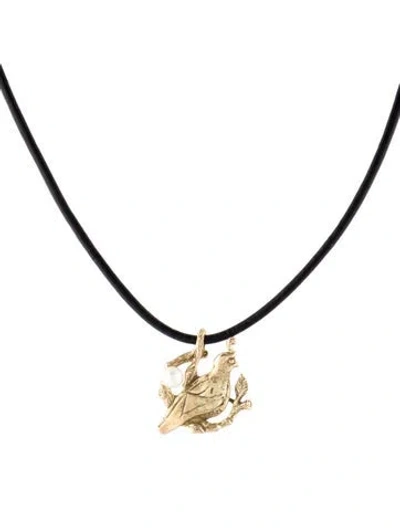 Pre-owned Necklace 14k Pearl & Leather Quail Pendant , 18" In Black