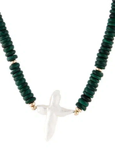 Pre-owned Necklace 14k Pearl & Malachite Cross Bead Strand Pendant , 18" In Multi