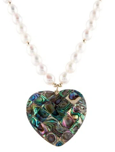 Pre-owned Necklace 14k Pearl & Mother Of Pearl Heart Reversable Bead Pendant , 18.5", 18.5" In Multi