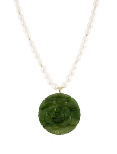 Pre-owned Necklace 14k Pearl & Nephrite Flower Bead Pendant , 18.5" In Multi