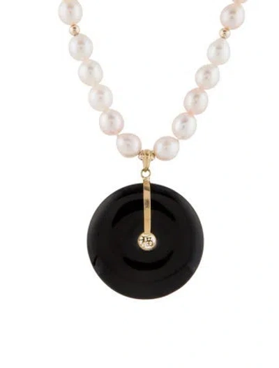 Pre-owned Necklace 14k Pearl & Onyx Fortune Bead Pendant , 19.25" In Multi