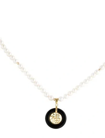 Pre-owned Necklace 14k Pearl & Onyx Fortune Pendant , 18" In Multi
