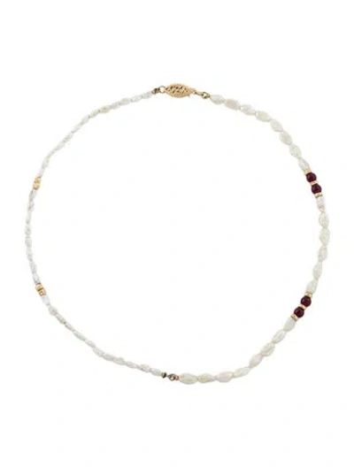 Pre-owned Necklace 14k Pearl & Rhodolite Bead Strand Choker , 13.5" In White