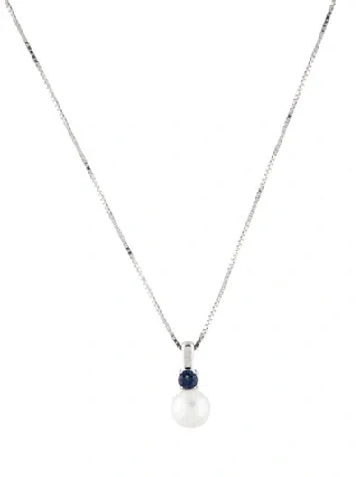 Pre-owned Necklace 14k Pearl & Sapphire Pendant , 17" In Multi