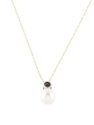 Pre-owned Necklace 14k Pearl & Sapphire Pendant , 18" In Multi