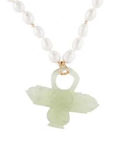 Pre-owned Necklace 14k Pearl & Serpentine Flower Pendant , 18" In Multi