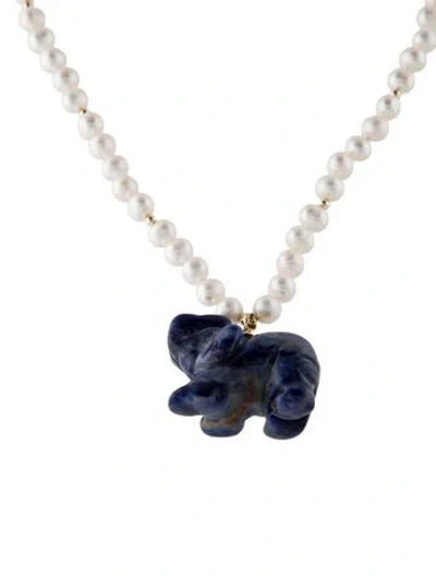 Pre-owned Necklace 14k Pearl & Sodalite Elephant Pendant , 20" In Multi