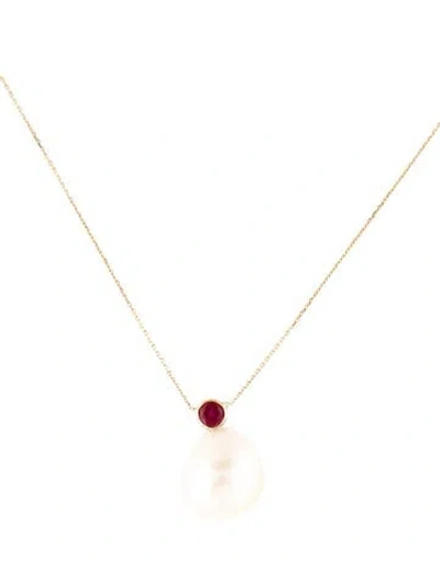 Pre-owned Necklace 14k Pearl & Synthetic Ruby Pendant , 18" In Multi