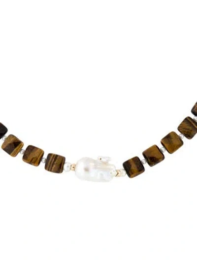 Pre-owned Necklace 14k Pearl & Tiger's Eye Bead , 19.25" In Multi