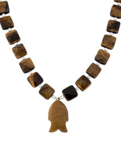 Pre-owned Necklace 14k Pearl & Tiger's Eye Quartz Fish Pendant , 18" In Multi