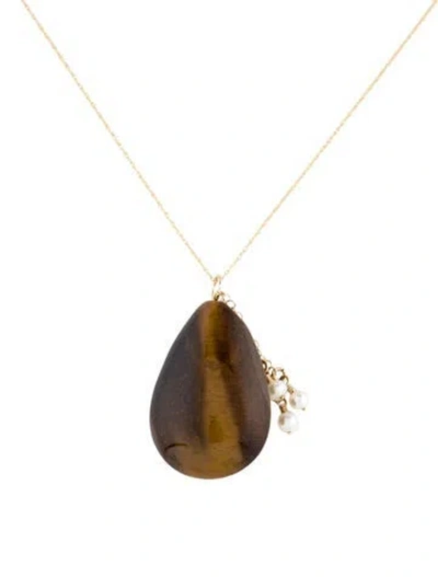 Pre-owned Necklace 14k Pearl & Tiger's Eye Quartz Pendant , 18" In Multi