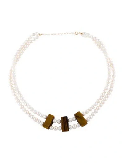Pre-owned Necklace 14k Pearl & Tiger's Eye Quartz Station Bead Strand , 18.5" In Multi