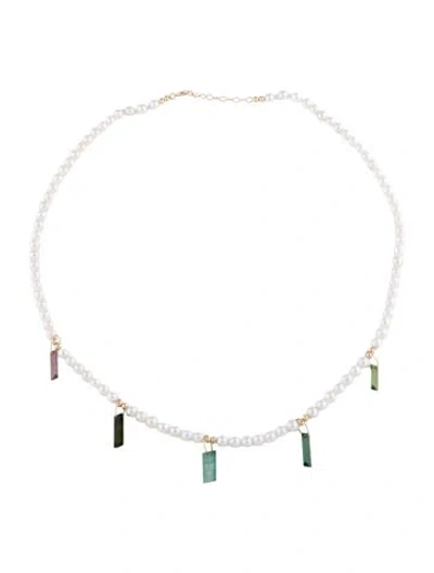 Pre-owned Necklace 14k Pearl & Tourmaline Bead Station , 17" In Multi
