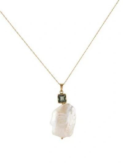 Pre-owned Necklace 14k Pearl & Tourmaline Pendant , 18" In Multi