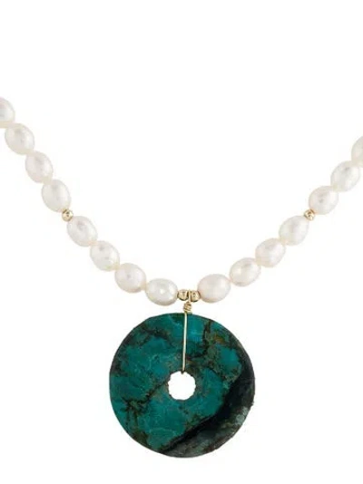 Pre-owned Necklace 14k Pearl & Turquoise Pendant , 18.25" In Multi