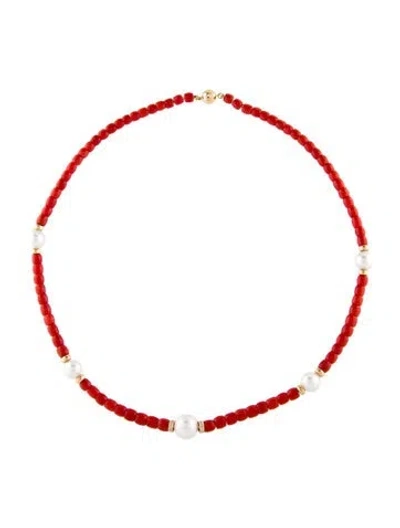 Pre-owned Necklace 14k Pearl, Coral & Diamond Station , 20.5" In Multi