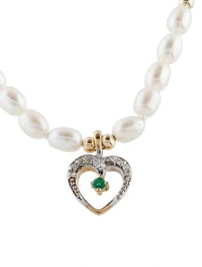 Pre-owned Necklace 14k Pearl, Emerald & Diamond Bead Pendant , 19" In Multi