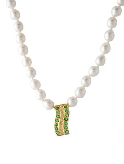 Pre-owned Necklace 14k Pearl, Emerald & Diamond Pendant , 19.5" In Multi