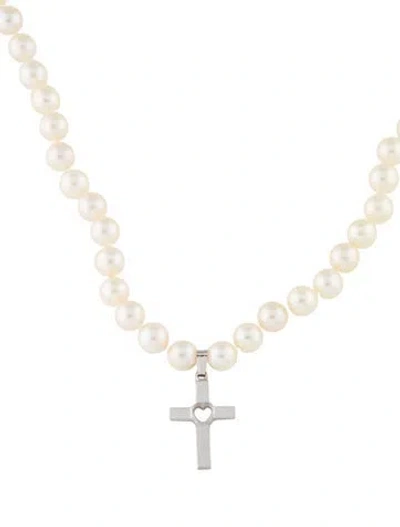 Pre-owned Necklace 14k Pearl Heart Cross Pendant , 16" In Multi