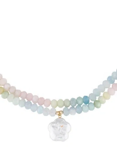 Pre-owned Necklace 14k Pearl, Rose Quartz, Beryl & Dyed Quartzite Flower Bead Pendant , 18" In Multi