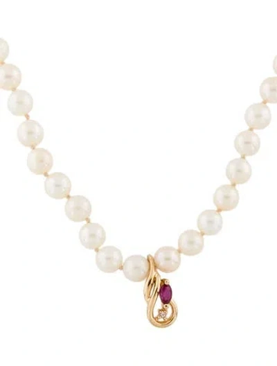 Pre-owned Necklace 14k Pearl, Ruby, & Diamond Pendant Bead Strand, 24.5" In Multi