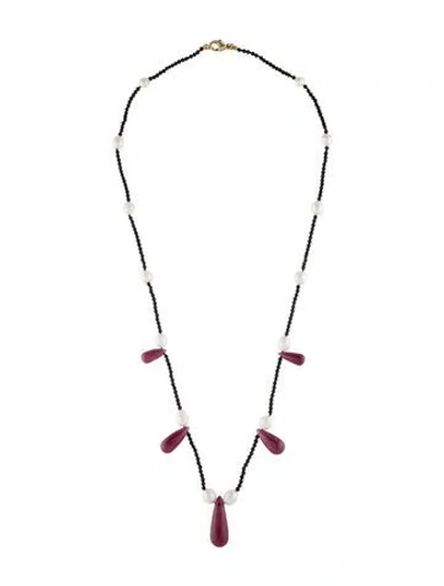 Pre-owned Necklace 14k Pearl, Ruby & Spinel Station , 21" In Multi