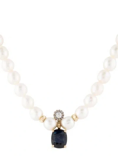 Pre-owned Necklace 14k Pearl, Sapphire & Diamond Bead Strand Pendant , 16" In Multi