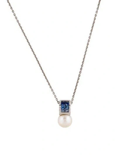Pre-owned Necklace 14k Pearl, Sapphire & Diamond Pendant , 18" In Multi