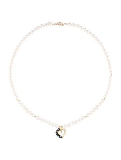 Pre-owned Necklace 14k Pearl, Sapphire & Diamond Pendant , 18.5" In Multi