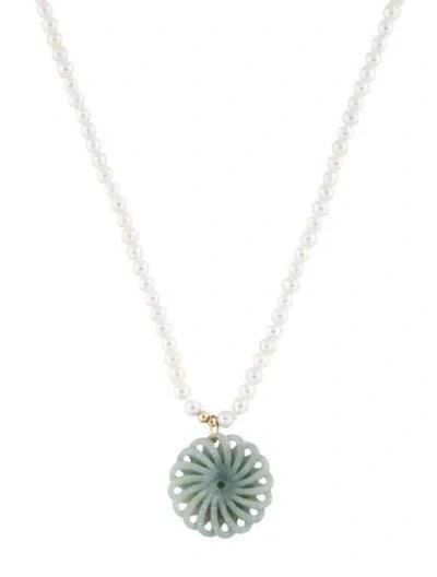 Pre-owned Necklace 14k Pearl Strand W/ Jadeite Pendant , 18" In Multi