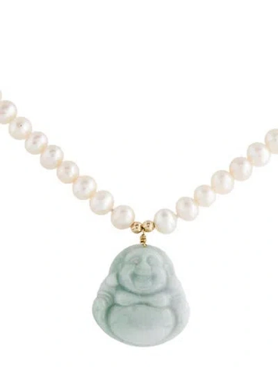 Pre-owned Necklace 14k Pearl Strand W/ Jadeite Pendant , 18" In Multi