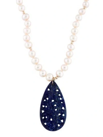 Pre-owned Necklace 14k Pearl Strand W/ Lapis Lazuli Pendant , 19.5" In Multi