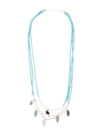 Pre-owned Necklace 14k Pearl, Turquoise & Fluorite Multistrand , 24"