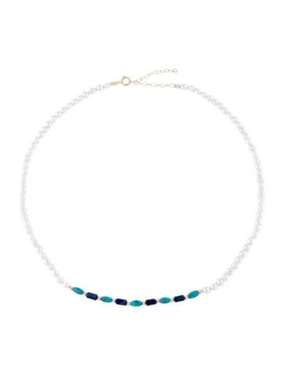 Pre-owned Necklace 14k Pearl, Turquoise & Lapis Lazuli Bead Strand , 18" In Multi