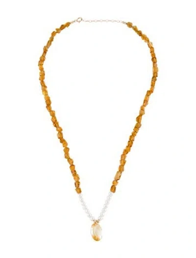 Pre-owned Necklace 14k Pearl,citrine & Quartz Bead Pendant , 19" In Multi
