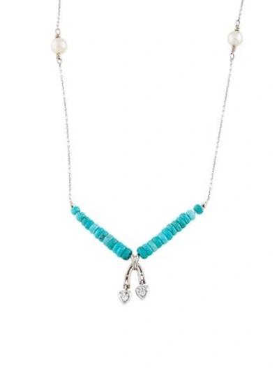 Pre-owned Necklace 14k Pearl,turquoise & Diamond Pendant , 16" In Multi