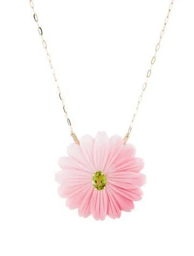 Pre-owned Necklace 14k Peridot & Shell Flower Pendant , 18" In Multi