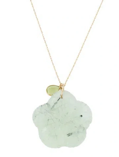 Pre-owned Necklace 14k Prehnite & Peridot Carved Flower Pendant , 18" In Multi