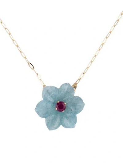 Pre-owned Necklace 14k Ruby & Aquamarine Flower Pendant , 18" In Multi