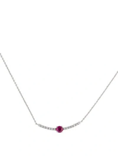 Pre-owned Necklace 14k Ruby & Diamond Curved Bar Pendant , 18.25" In Multi