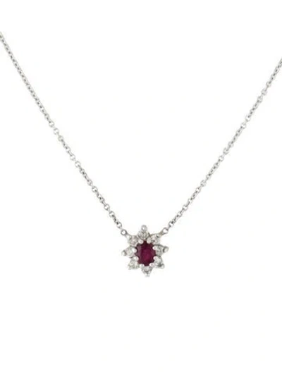 Pre-owned Necklace 14k Ruby & Diamond Flower Pendant , 16" In Multi
