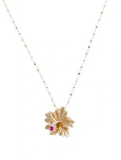 Pre-owned Necklace 14k Ruby & Diamond Flower Pendant , 18" In Multi