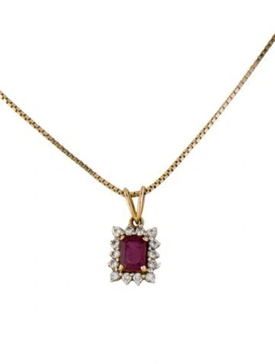 Pre-owned Necklace 14k Ruby & Diamond Halo Pendant, 17.5" In Multi