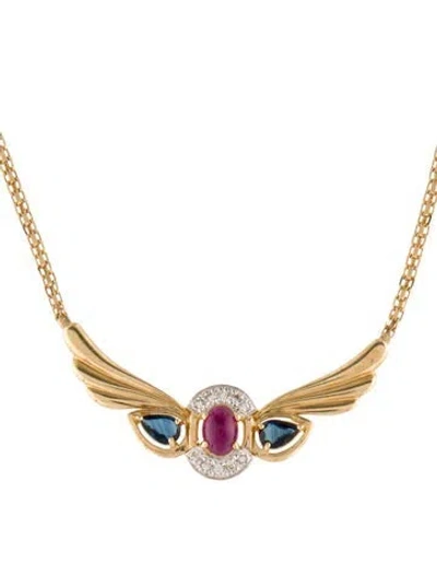 Pre-owned Necklace 14k Ruby, Sapphire, & Diamond Winged Pendant , 16", 16" In Multi