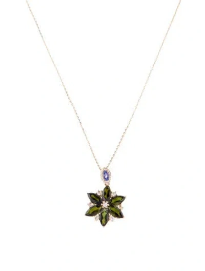 Pre-owned Necklace 14k Sapphire, Tourmaline & Tanzanite Flower Pendant , 18" In Multi